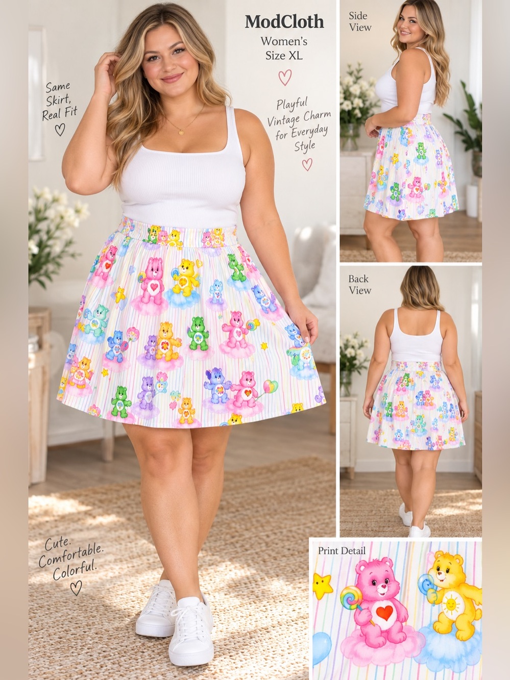 Modcloth White Multicolor Care Bear Print Skater Skirt